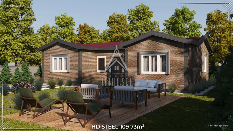 Geniş ahşap deck ve veranda mobilyaları ile HD Steel 109 73 m² çelik evin bahçe cephesi