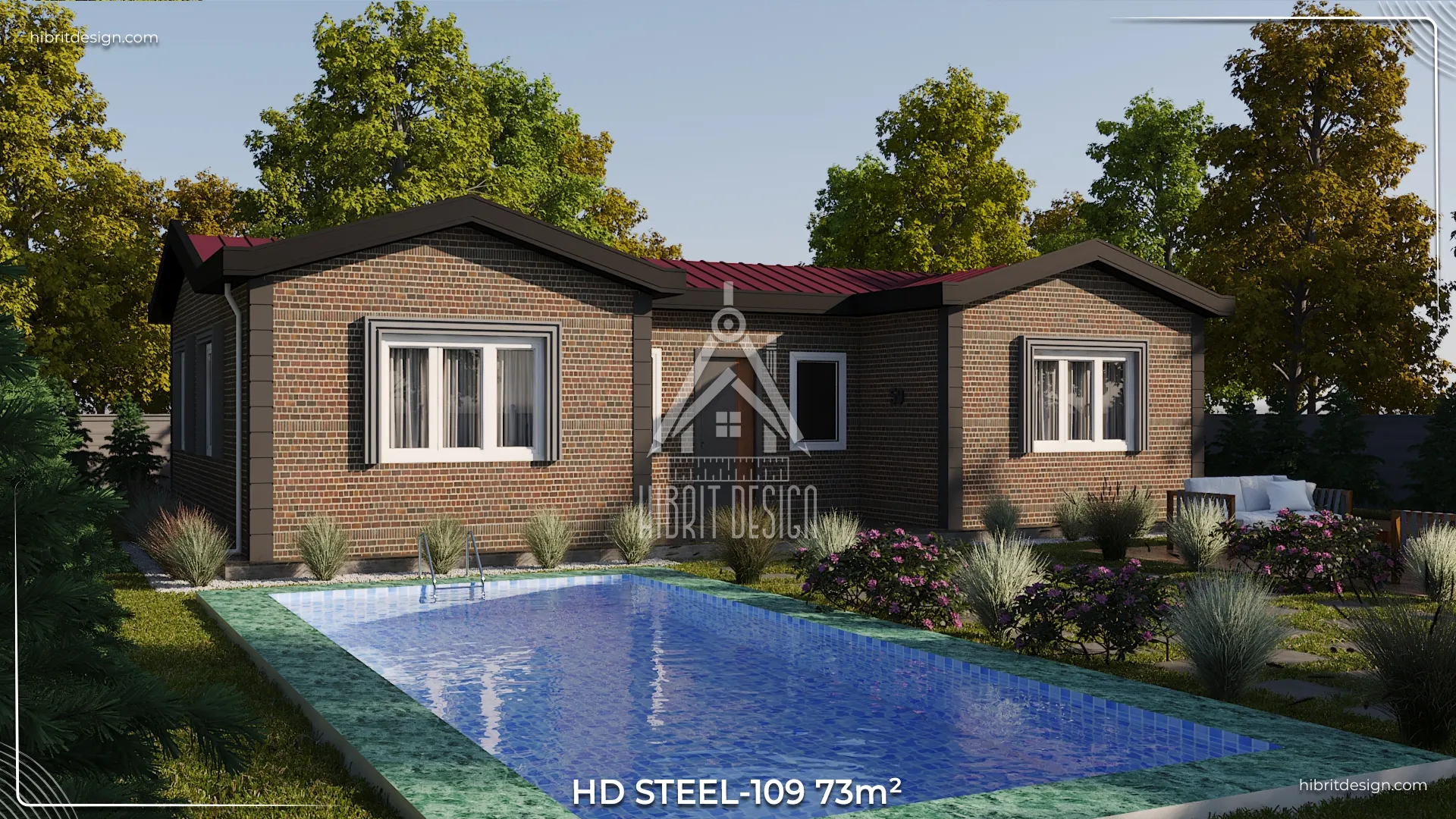 Havuz kenarından HD Steel 109 73 m² çelik evin yanal görünümü – Tekirdağ