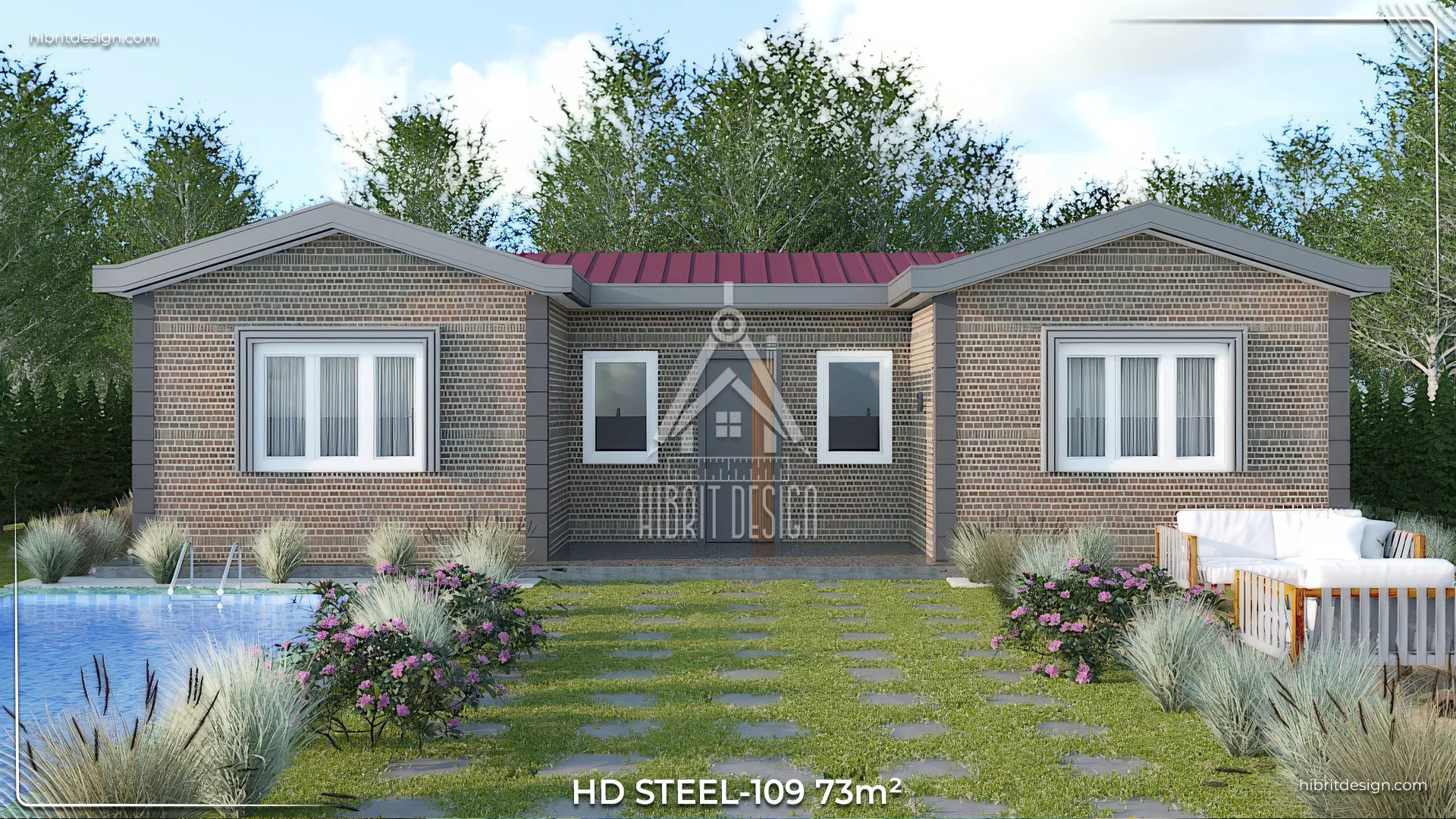 Tekirdağ’da yer alan HD Steel 109 73 m² tek katlı 2+1 çelik evin bahçeli ön cephe görüntüsü