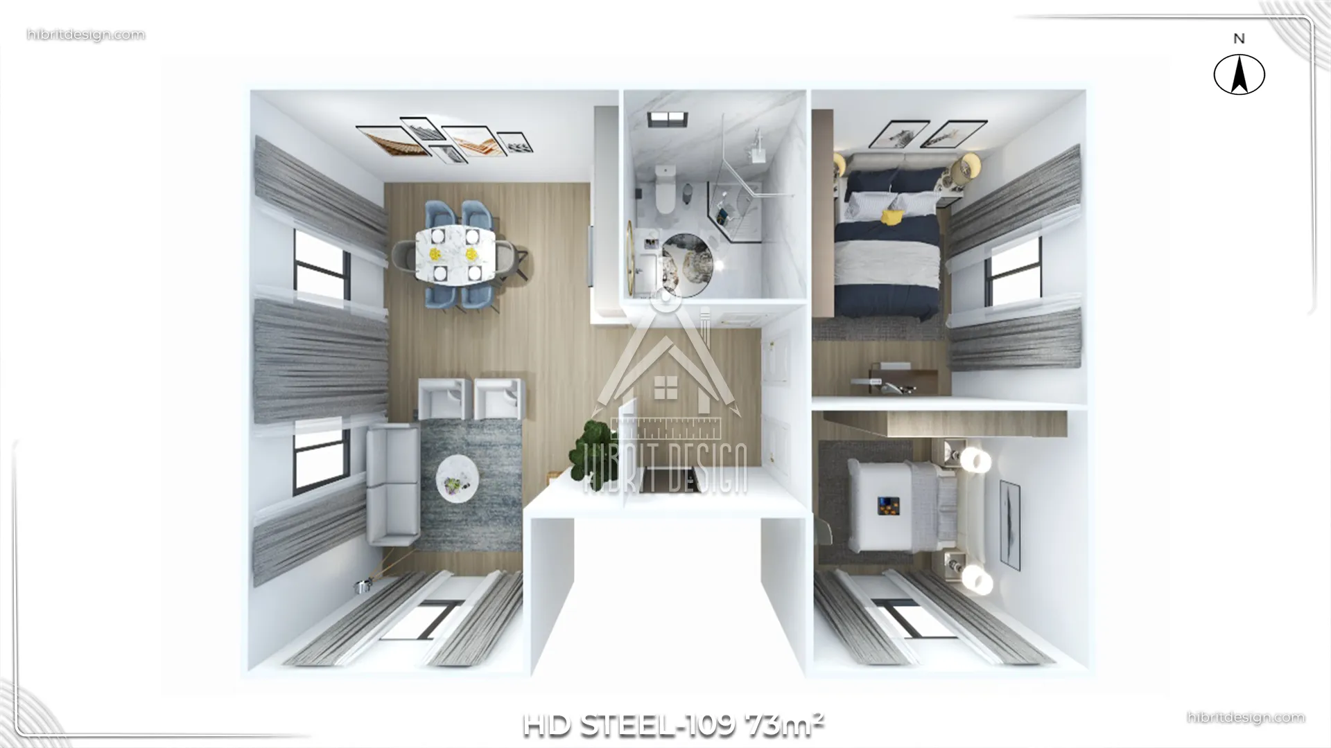 HD Steel 109 73 m² 2+1 çelik evin detaylı 2 boyutlu kat planı