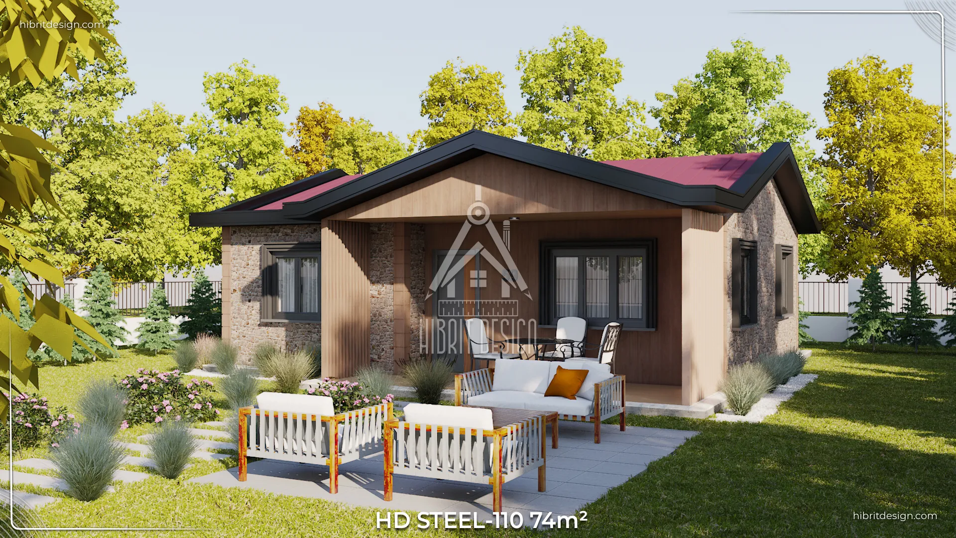 Trakya bölgesinde HDS-110 74 m² çelik evin yan cephe ve bahçe oturma alanı.
