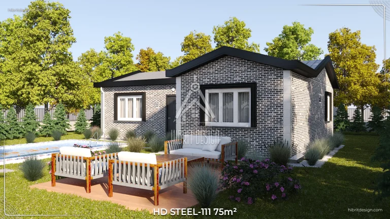 HD Steel-111 75 m² çelik ev yan cephe, bahçe ve veranda detaylı dış mekan görüntüsü