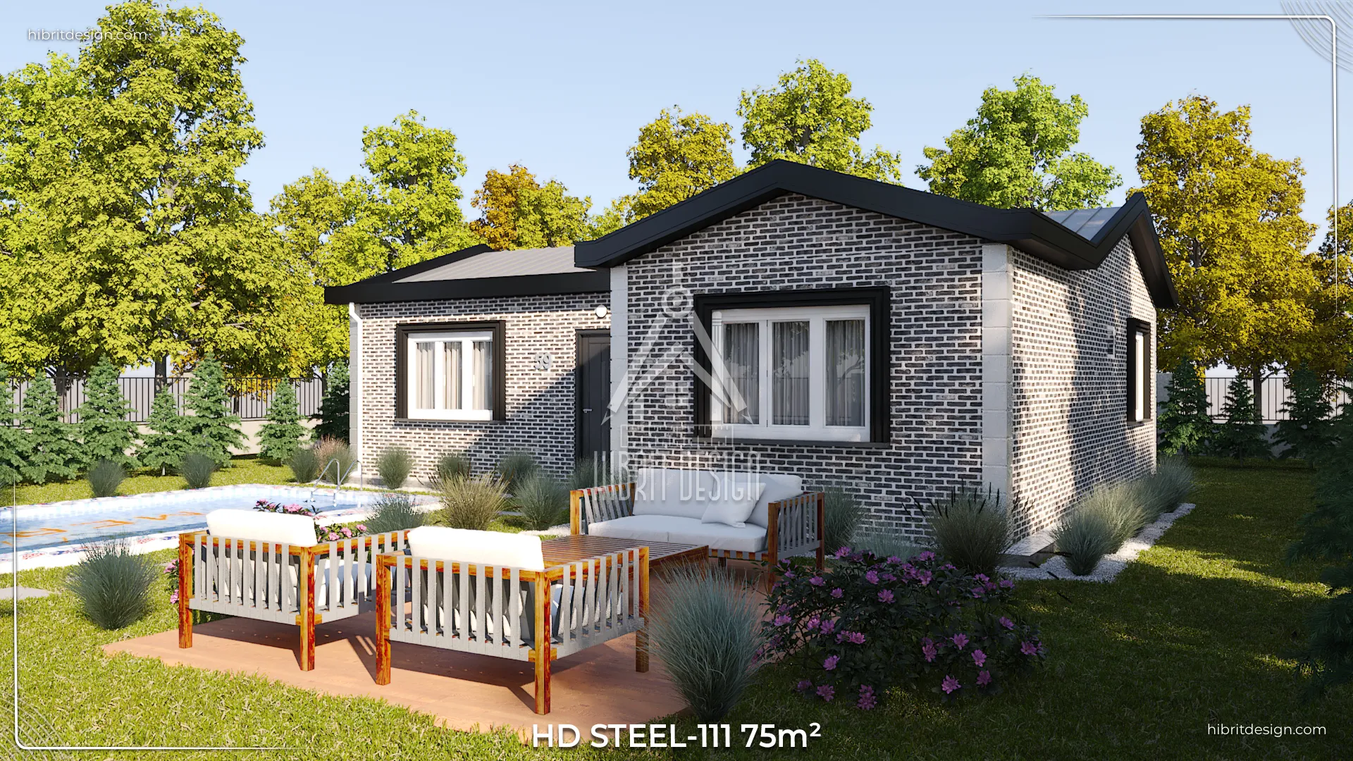 HD Steel-111 75 m² çelik ev yan cephe, bahçe ve veranda detaylı dış mekan görüntüsü