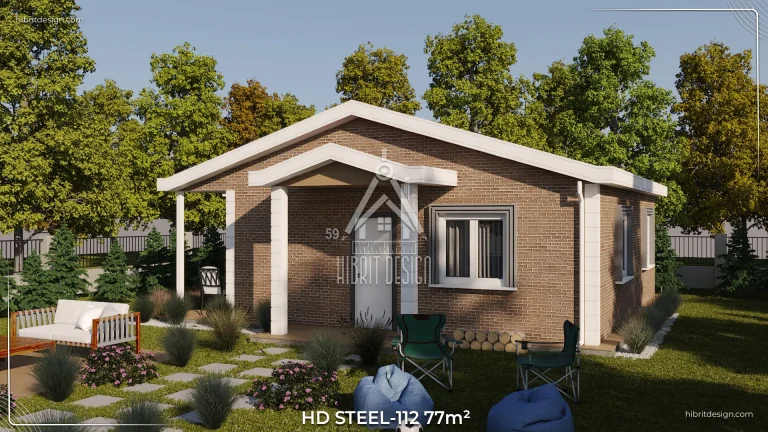HDS-112 77 m² çelik evin sağ yan cephe ve bahçe düzenlemesi render görüntüsü