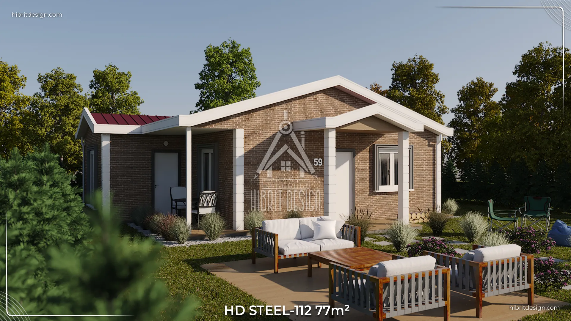 HDS-112 77 m² çelik evin yan cephe ve bahçe düzenlemesi render görüntüsü