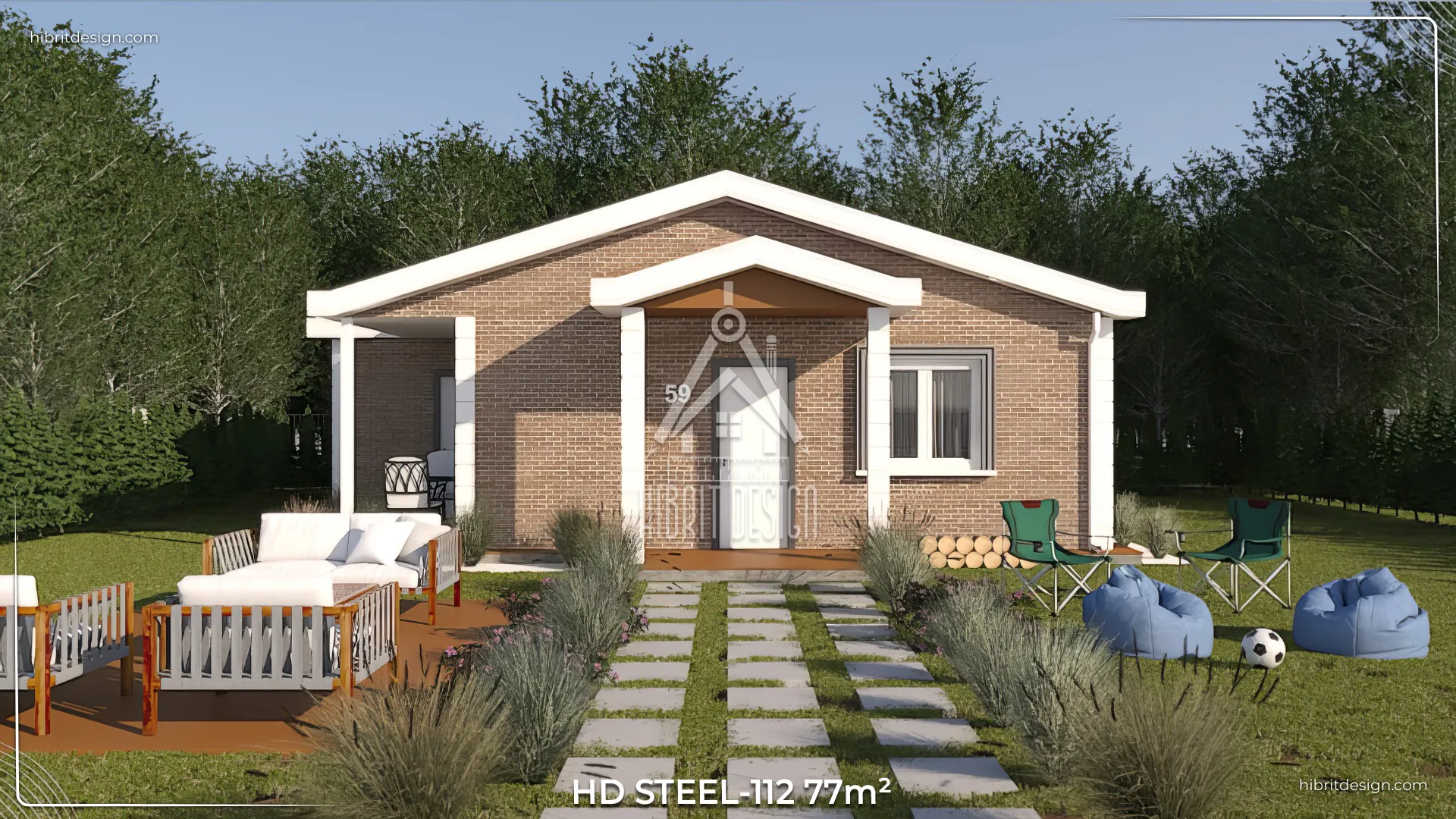 HDS-112 77 m² tek katlı 2+1 çelik evin bahçeden bakış ön cephe renderı