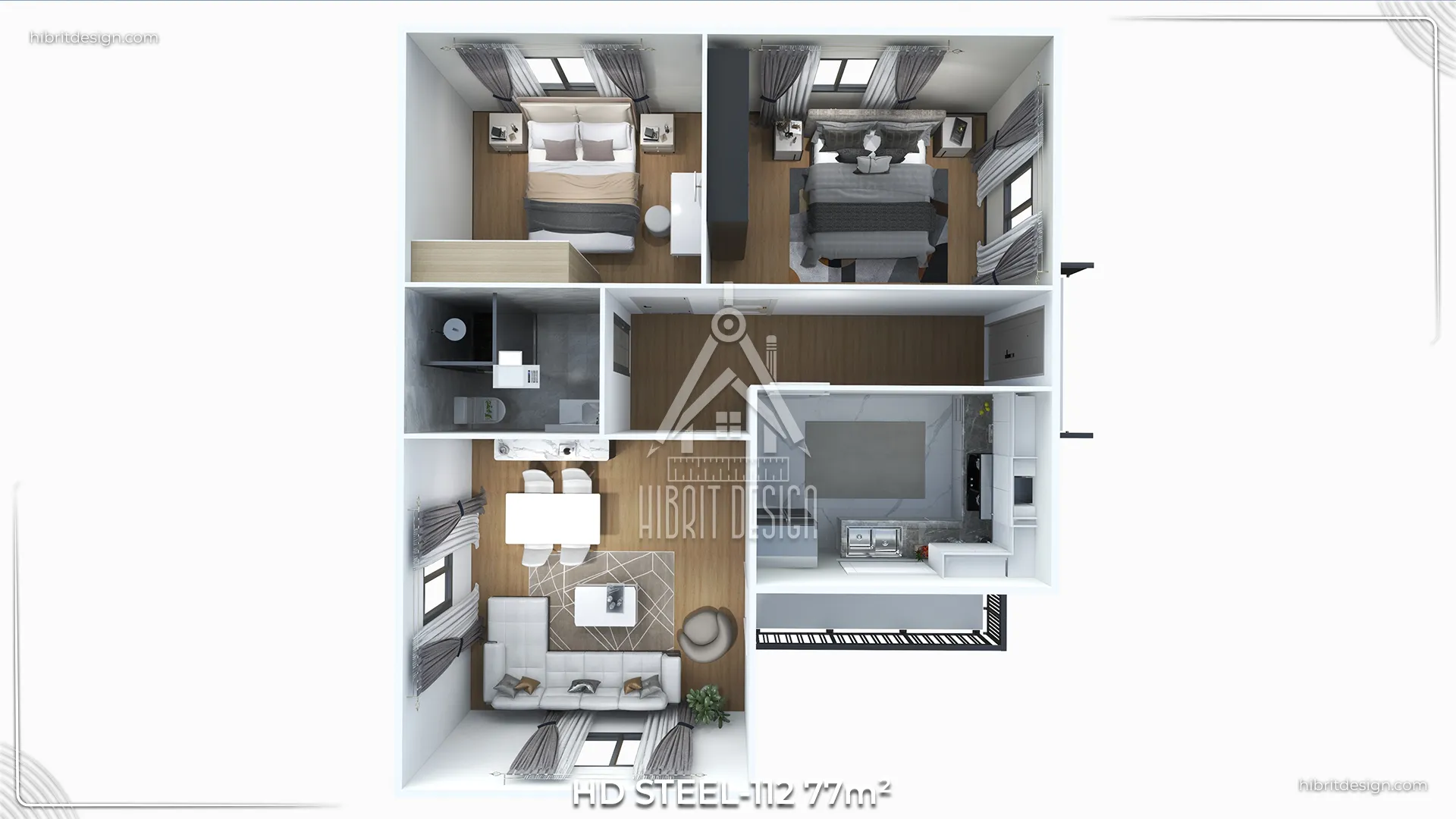 HDS-112 77 m² çelik evin mobilyalı 3D iç mekan kat planı