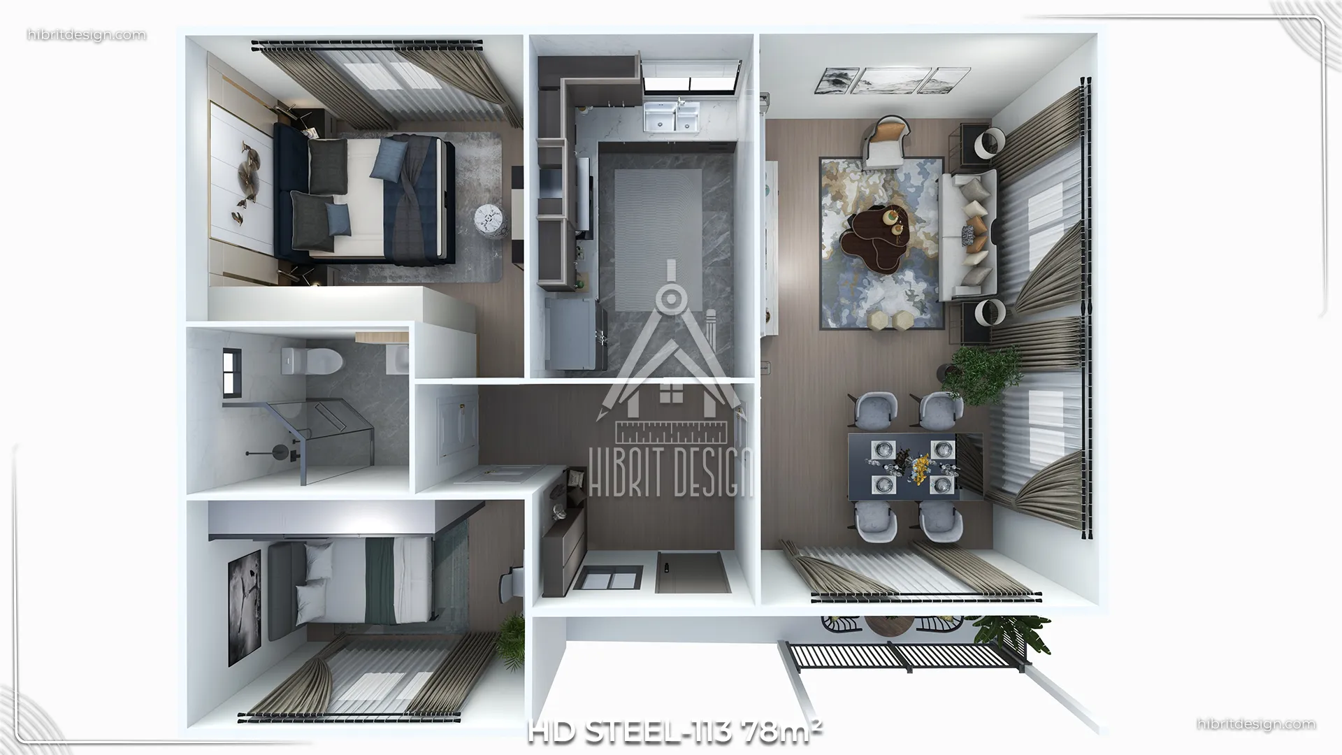 HD Steel 113 78 m² 2+1 tek katlı çelik evin mobilyalı 3D iç mekan planı, salon, mutfak ve iki yatak odası görünümü.