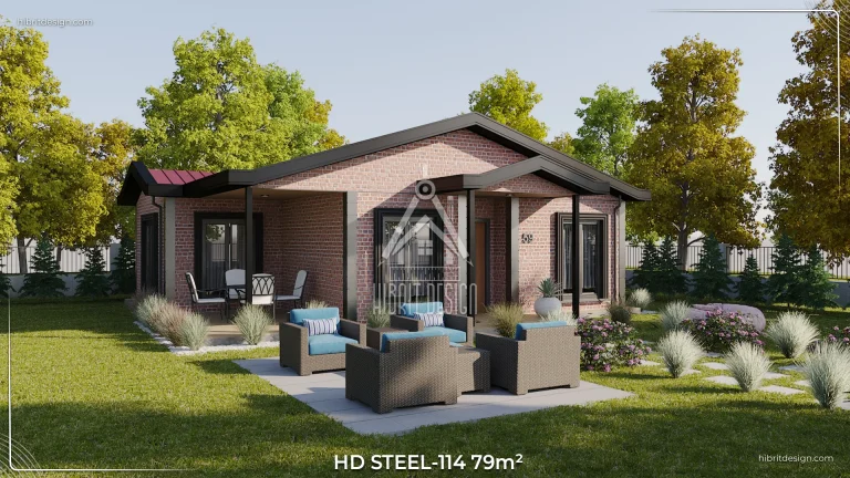 HD Steel-114 modelinin bahçe manzaralı yan cephe görünümü, geniş pencereler ve modern çatı tasarımı