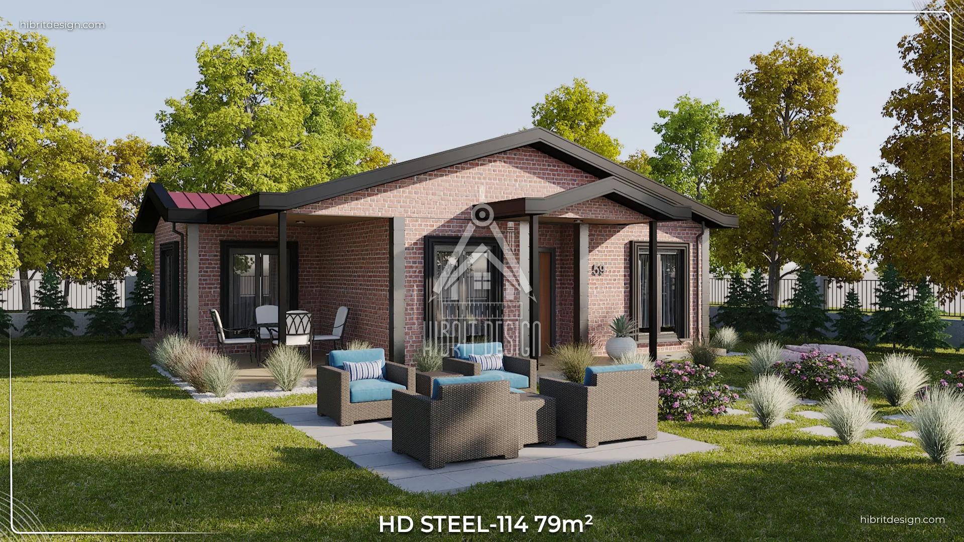 HD Steel-114 modelinin bahçe manzaralı yan cephe görünümü, geniş pencereler ve modern çatı tasarımı
