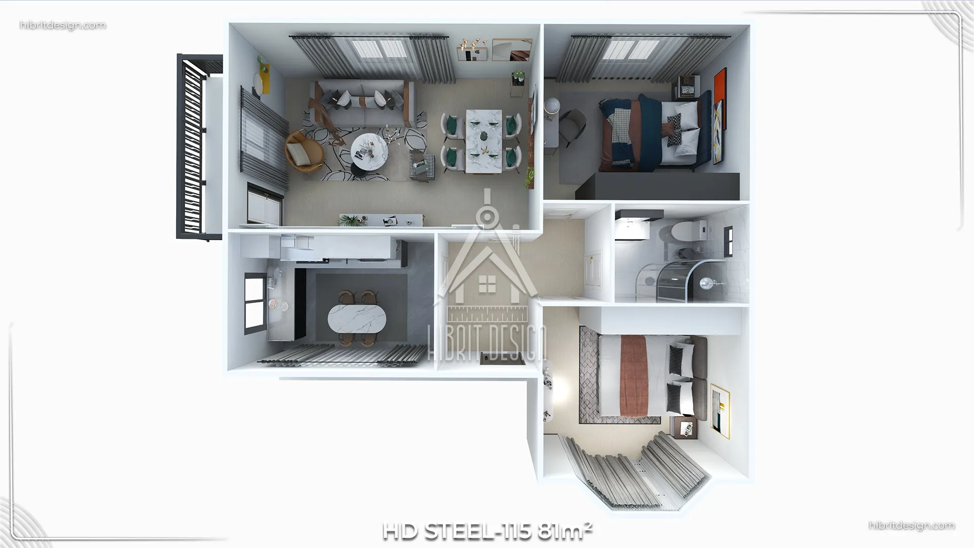 HD Steel 115 model 81 m² çelik evin 3 boyutlu iç mekan planı, 2+1 oda dağılımı