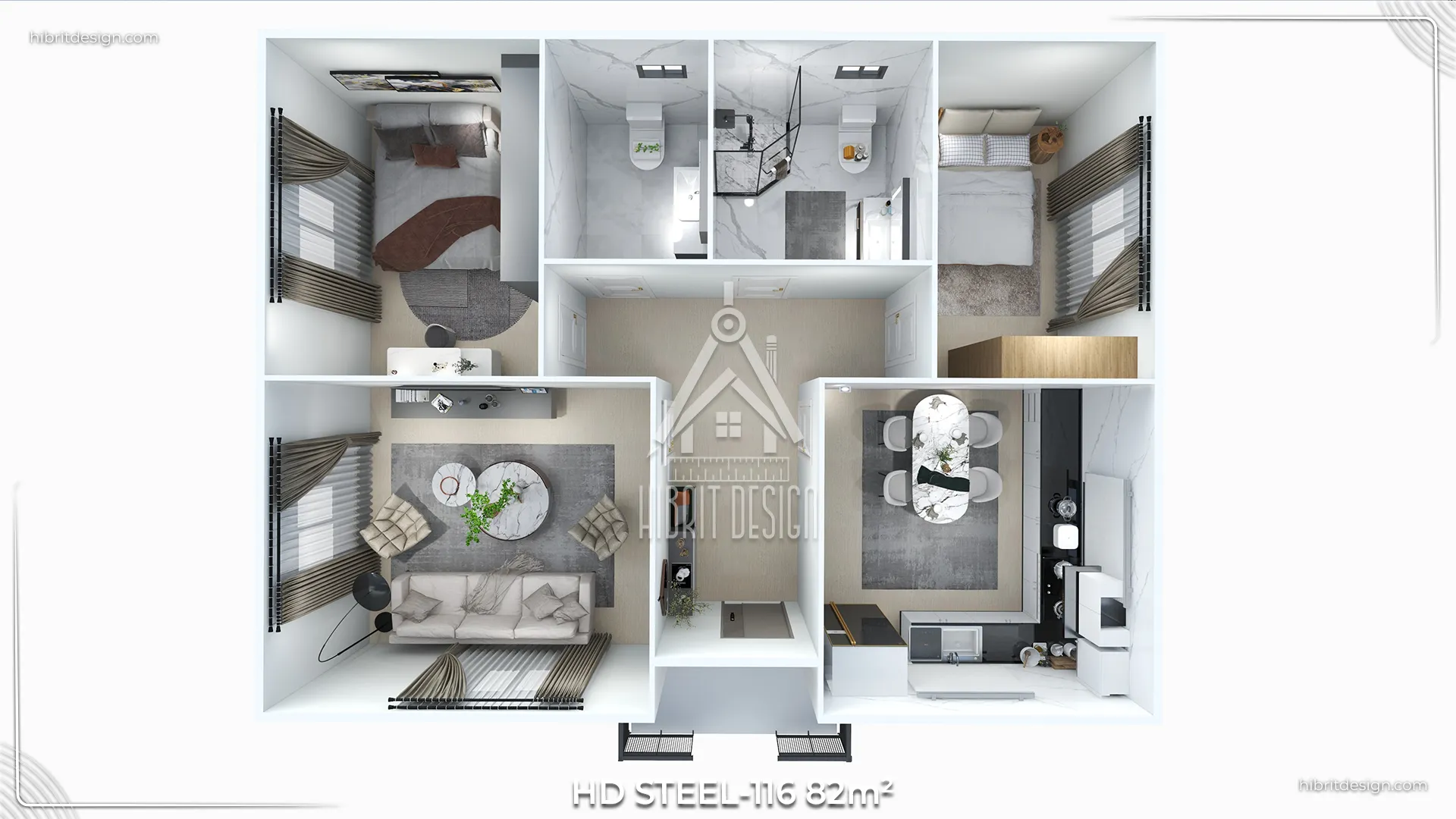 HD Steel 116 model 82 m² çelik ev 3D iç plan – 2+1 oda yerleşimi