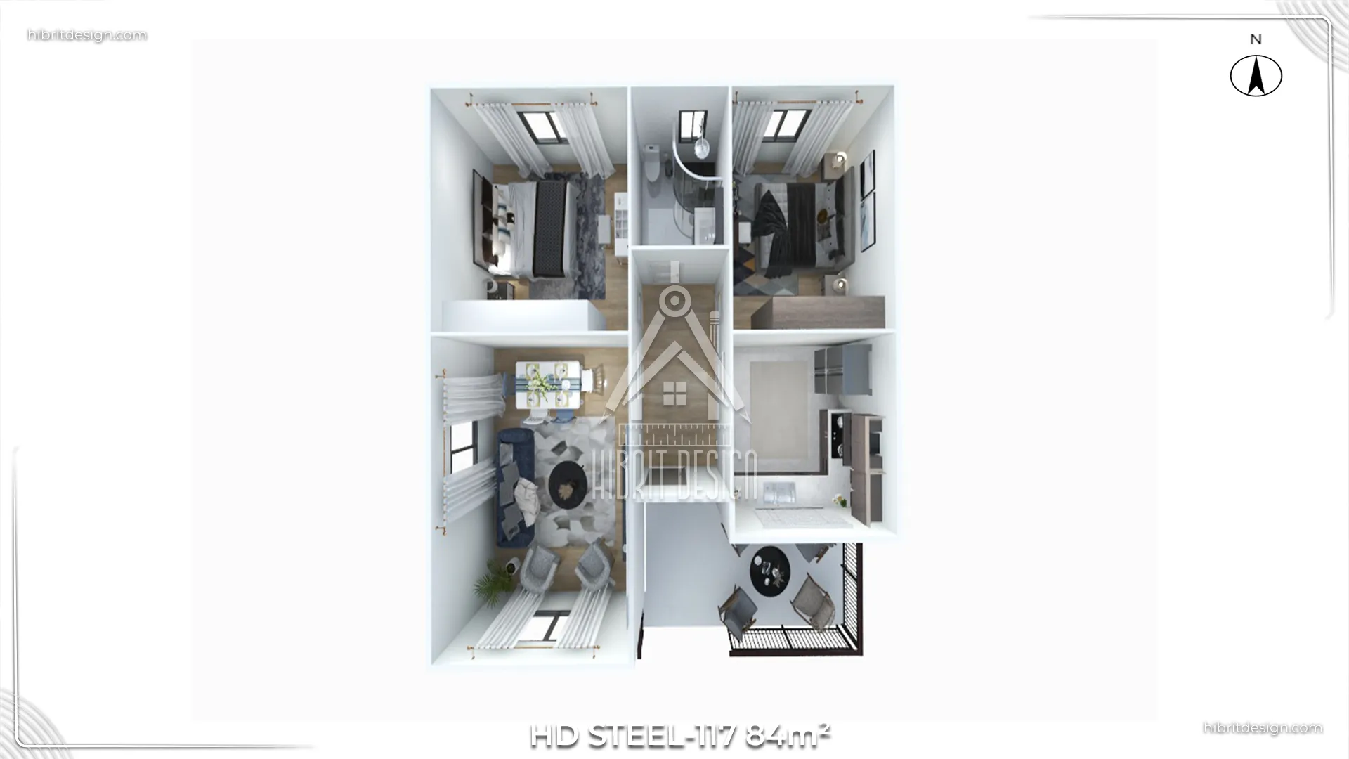 HDS-117 84 m² çelik ev – 3D iç plan ve oda dağılımı