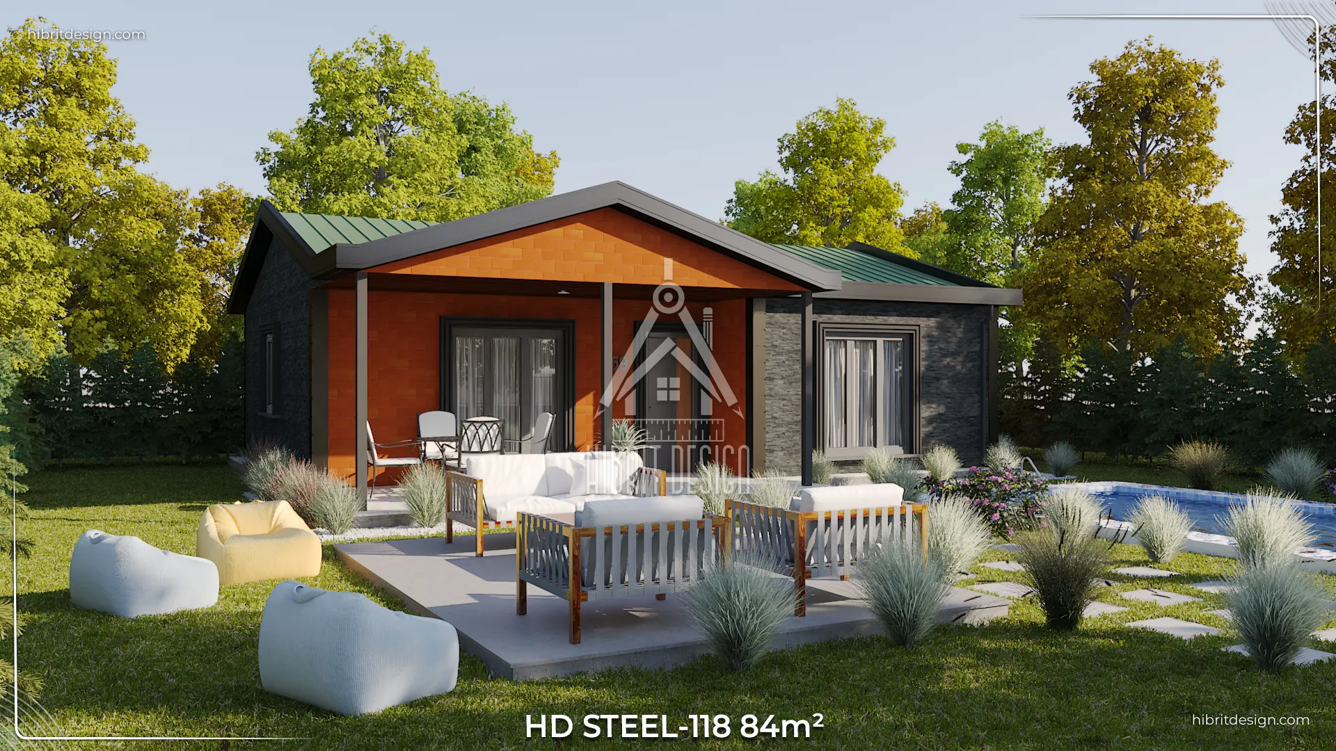 HD Steel 118 84 m² çelik ev, yan cepheden veranda ve peyzajlı bahçe görünümü.