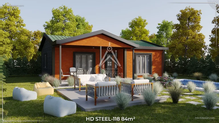 HD Steel 118 model 84 m² tek katlı 2+1 çelik ev, modern bahçe oturma alanı ve yeşil çatı tasarımı.