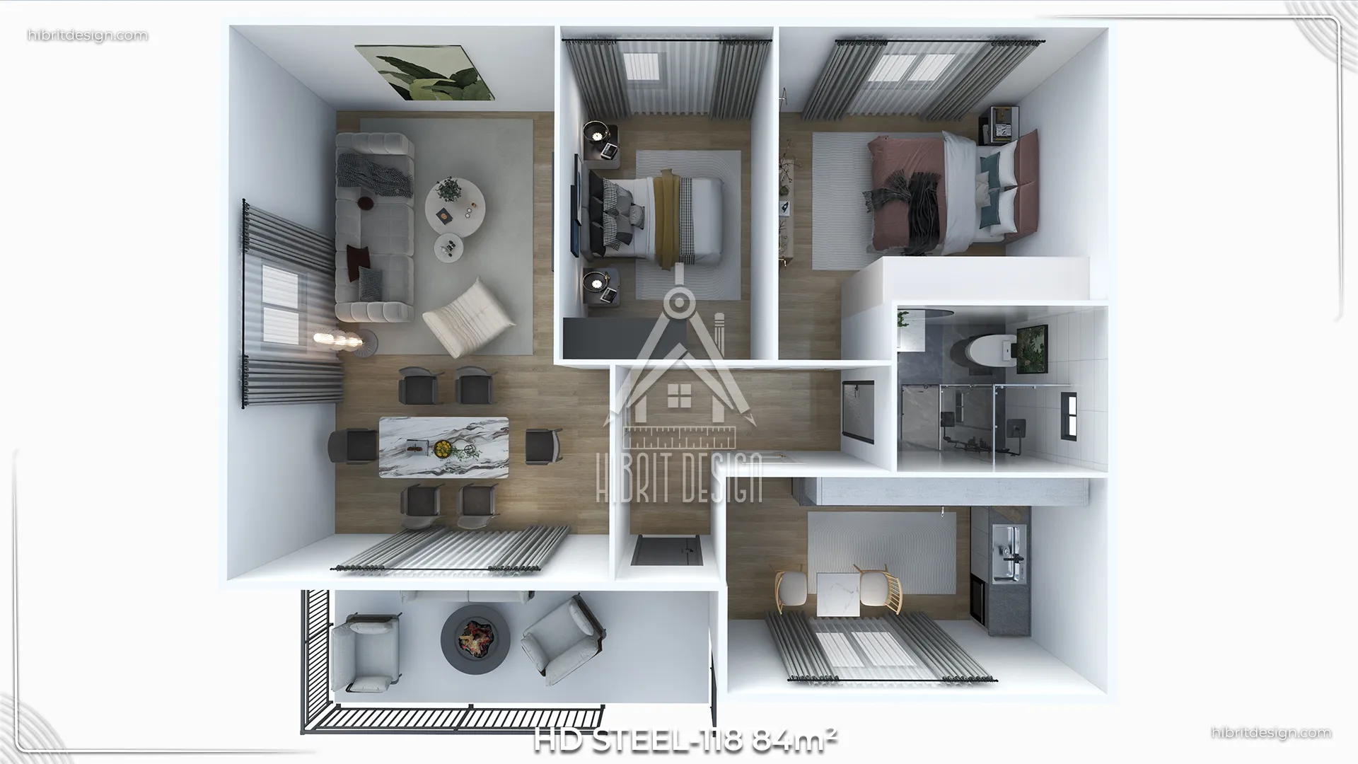 HD Steel 118 84 m² çelik evin 2+1 iç mekân planı ve odaların konumlandırması.