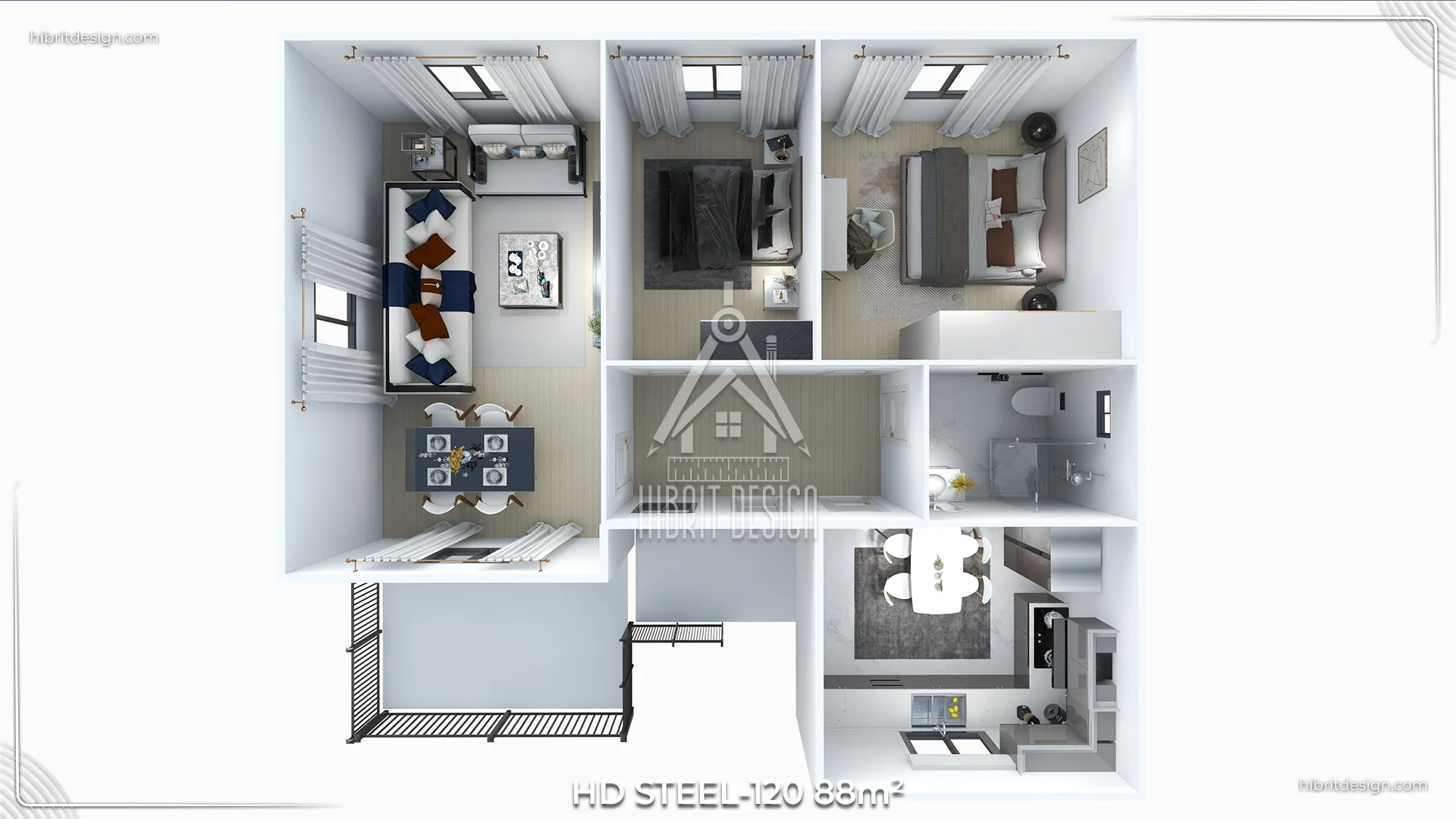 HD Steel 120 tek katlı 88 m² çelik evin 2+1 plan çizimi – modern salon, geniş mutfak ve iki yatak odasının düzenini gösteren üstten görünüm.