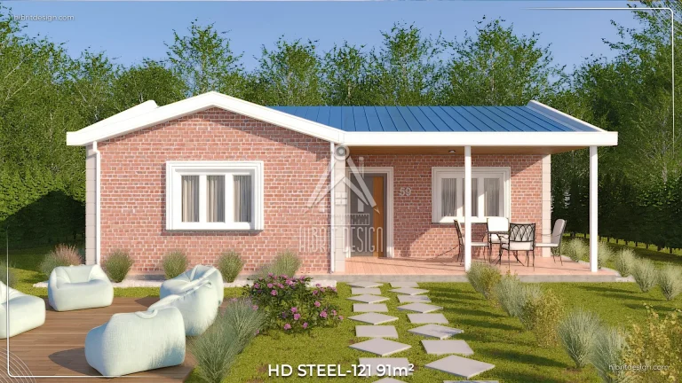 HDS-121 modeli tek katlı 91 m² çelik evin ön cephesi, geniş bahçe ve çiçekli yürüyüş yolu