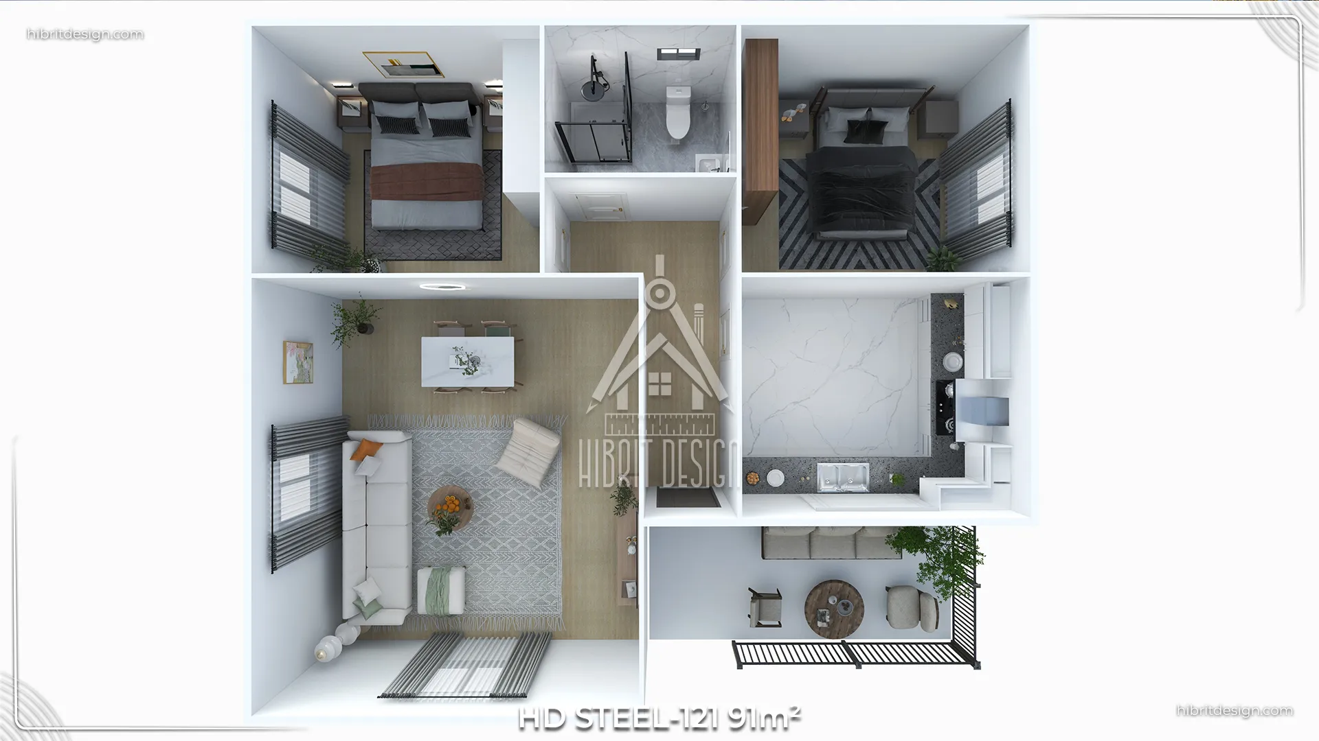 HDS-121 2+1 çelik evin 3D iç mekan planı, salon, mutfak, iki yatak odası ve banyo