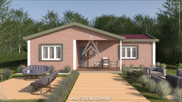 HDS-122 93 m² tek katlı 2+1 çelik evin ön cepheden gündüz görünümü, kırmızı çatılı tuğla desenli cephe ve geniş veranda