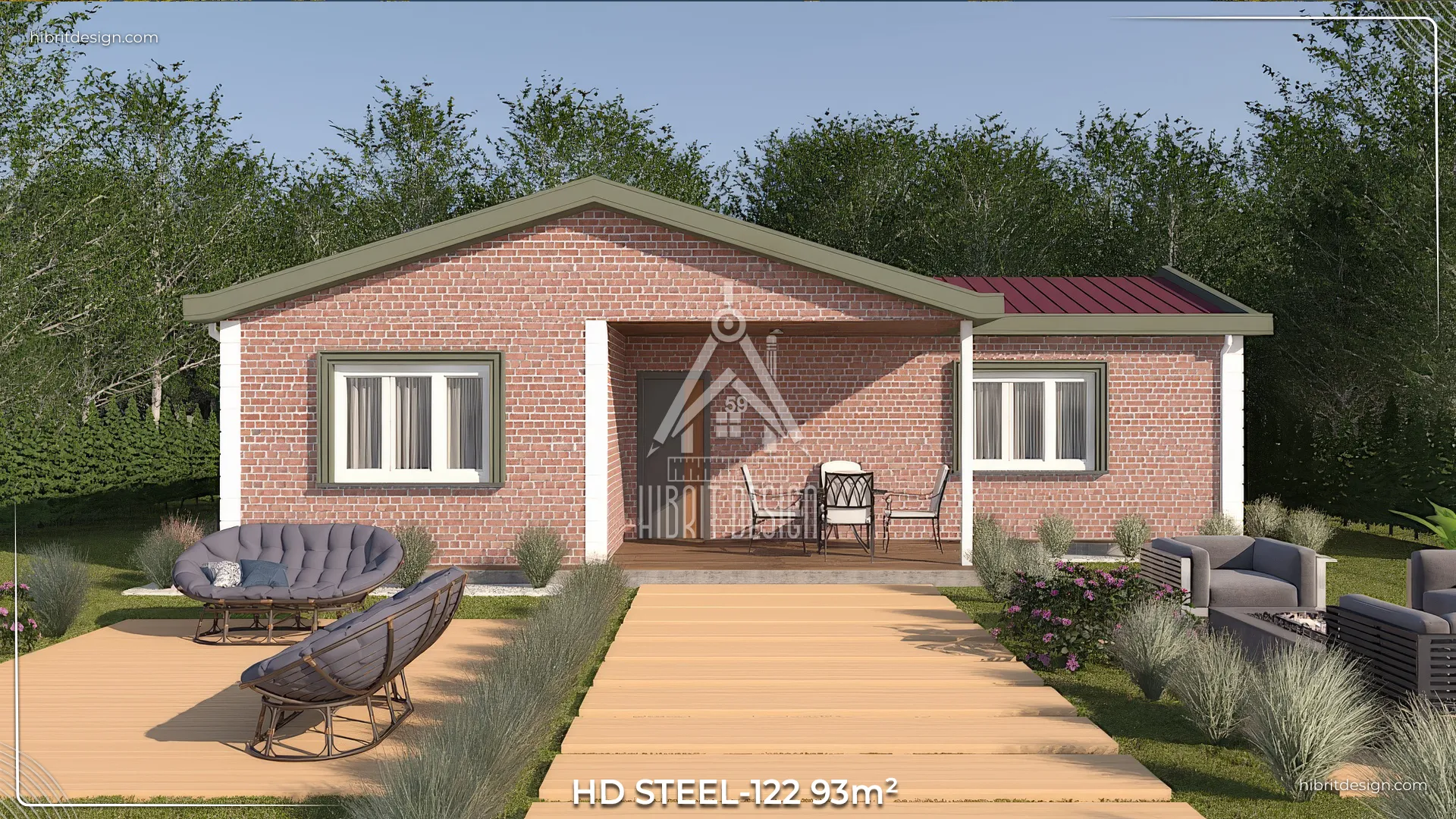 HDS-122 93 m² tek katlı 2+1 çelik evin ön cepheden gündüz görünümü, kırmızı çatılı tuğla desenli cephe ve geniş veranda