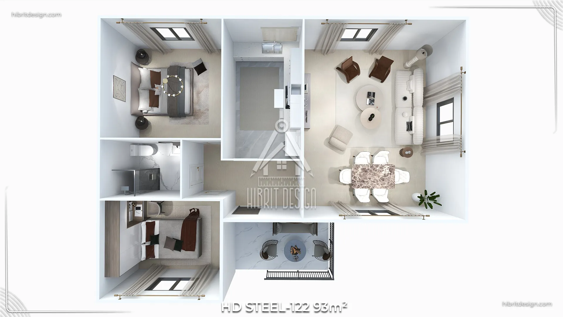 HDS-122 93 m² tek katlı 2+1 çelik evin iç yerleşim planı, salon, mutfak, iki yatak odası ve banyo düzeni
