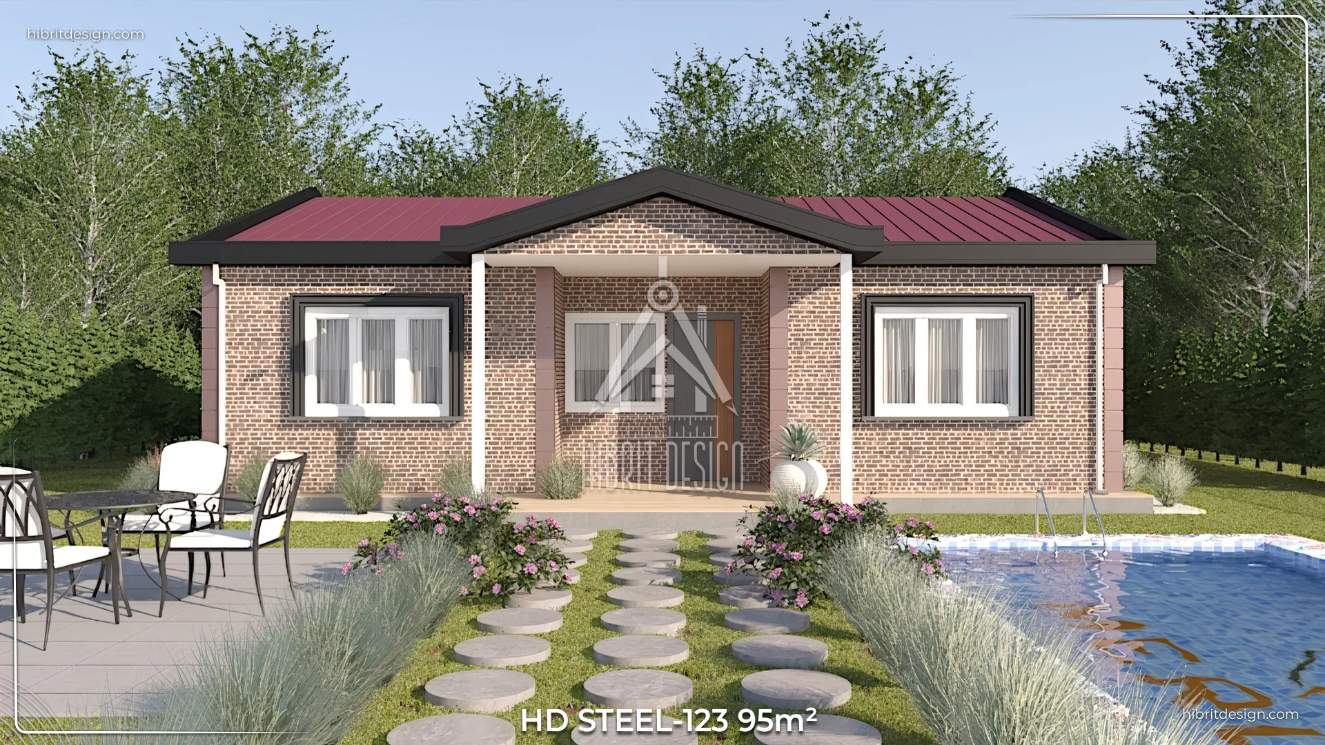 95 m² HDS-123 tek katlı çelik evin taş desenli ön cephesi, bahçe yolu ve peyzaj düzenlemesi