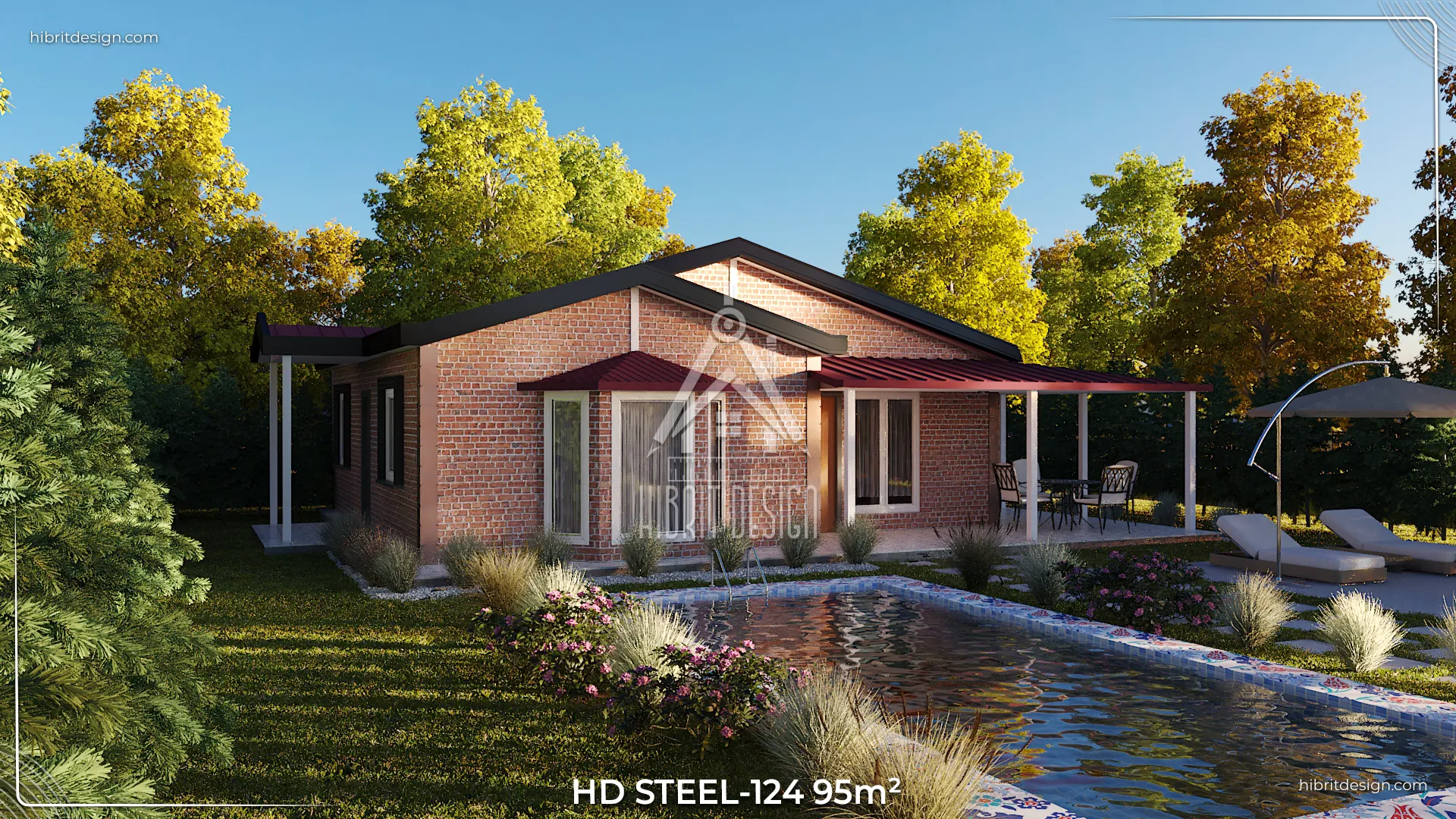 HD Steel 124 model 95 m² 3+1 tek katlı çelik ev – geniş veranda ve havuzlu bahçe manzarası, Trakya