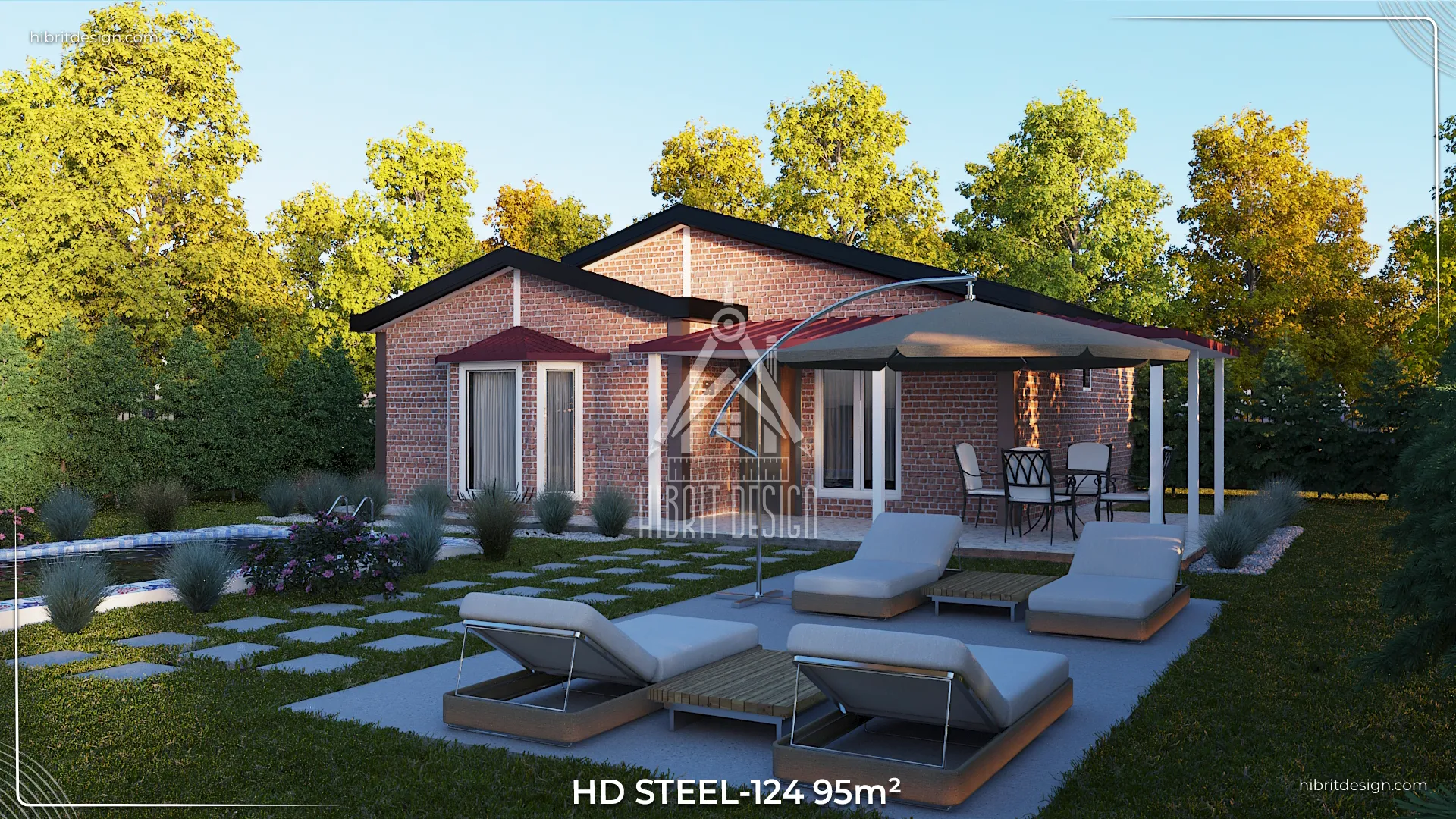 HD Steel 124 3+1 95 m² çelik ev – bahçe içinde yan cephe ve modern kırmızı çatılı tasarım