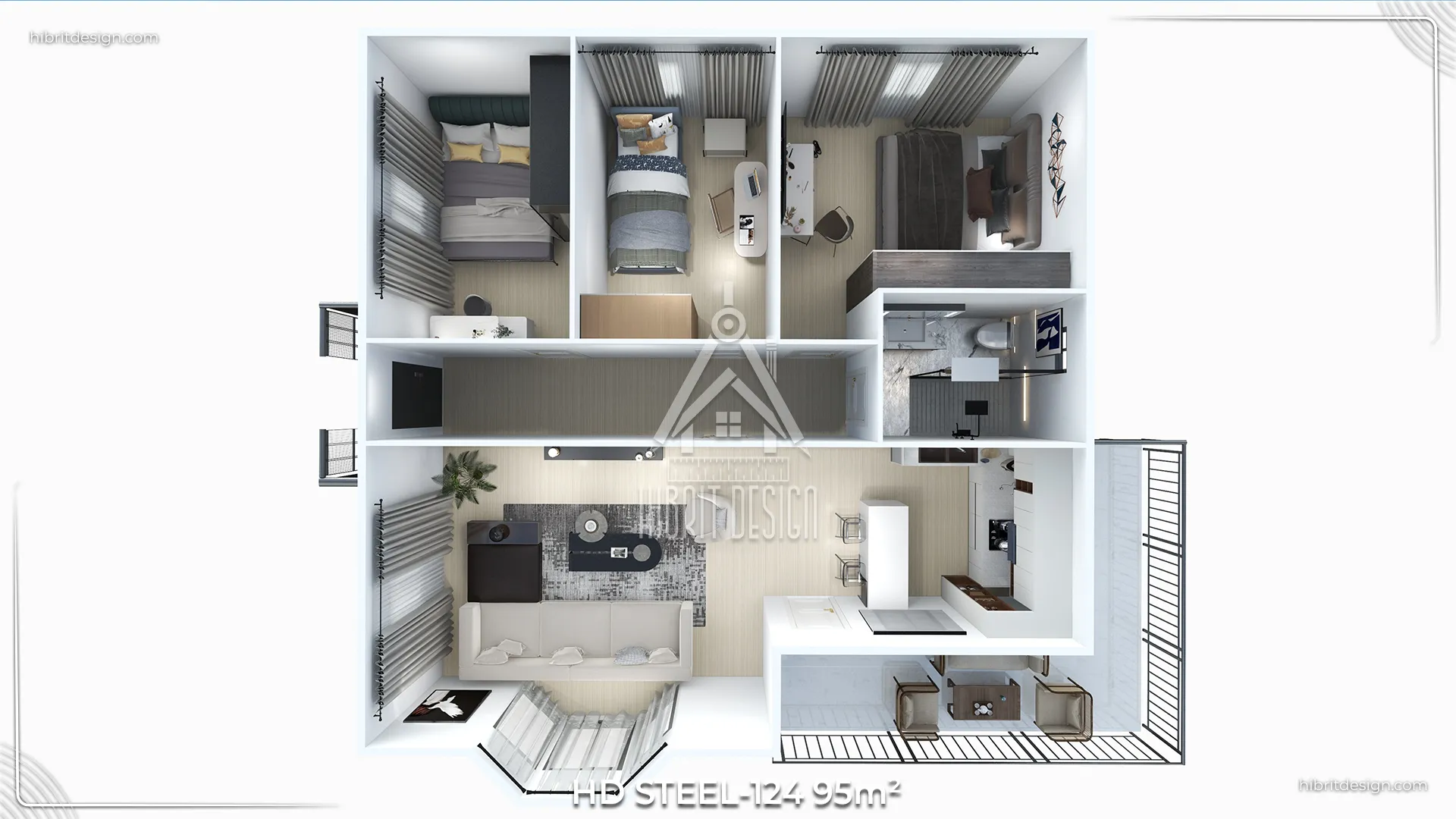 95 m² HDS-123 2+1 çelik evin 3D iç mekân planı, iki yatak odası, salon, mutfak ve banyo