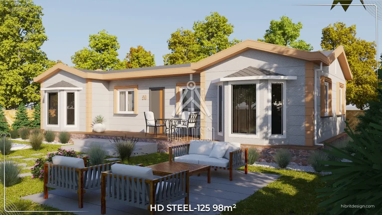 HD Steel 125 98 m² 3+1 çelik ev bahçe oturma alanı ve yan cephe görünümü