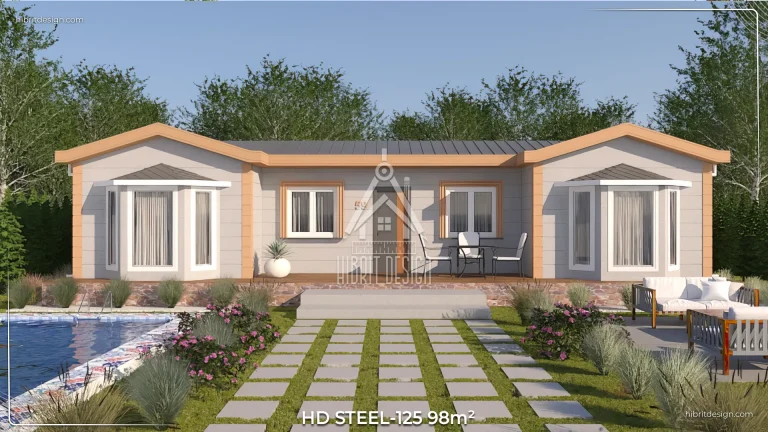 HD Steel 125 98 m² 3+1 çelik ev ön cephe ve taş yürüyüş yolu manzarası