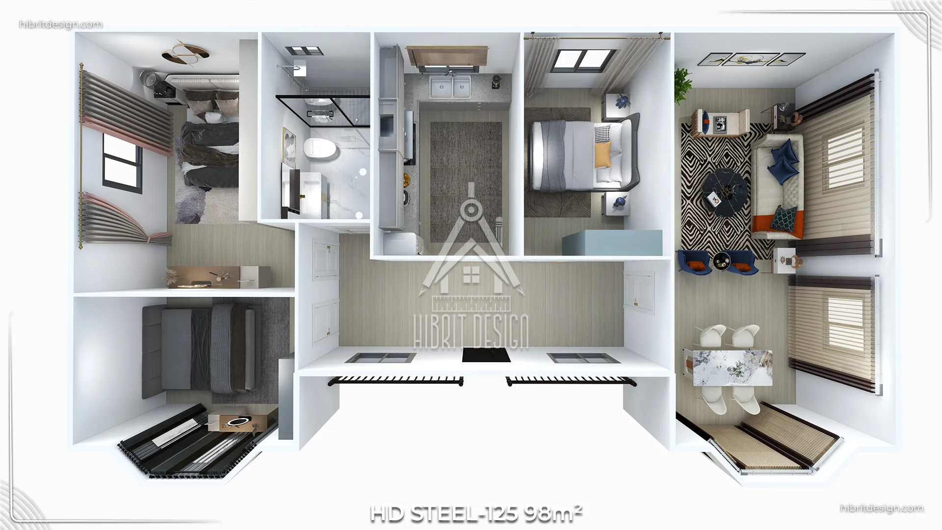 HD Steel 125 98 m² 3+1 çelik ev 3 boyutlu iç mekân kat planı