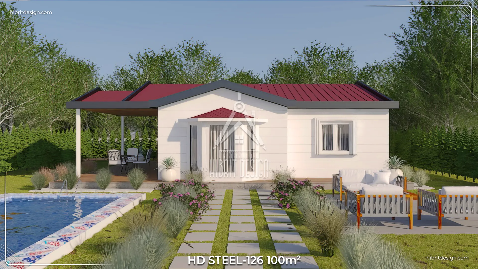 100 m² 3+1 kırmızı çatılı HDS-126 çelik evin geniş bahçeli ön görünümü.