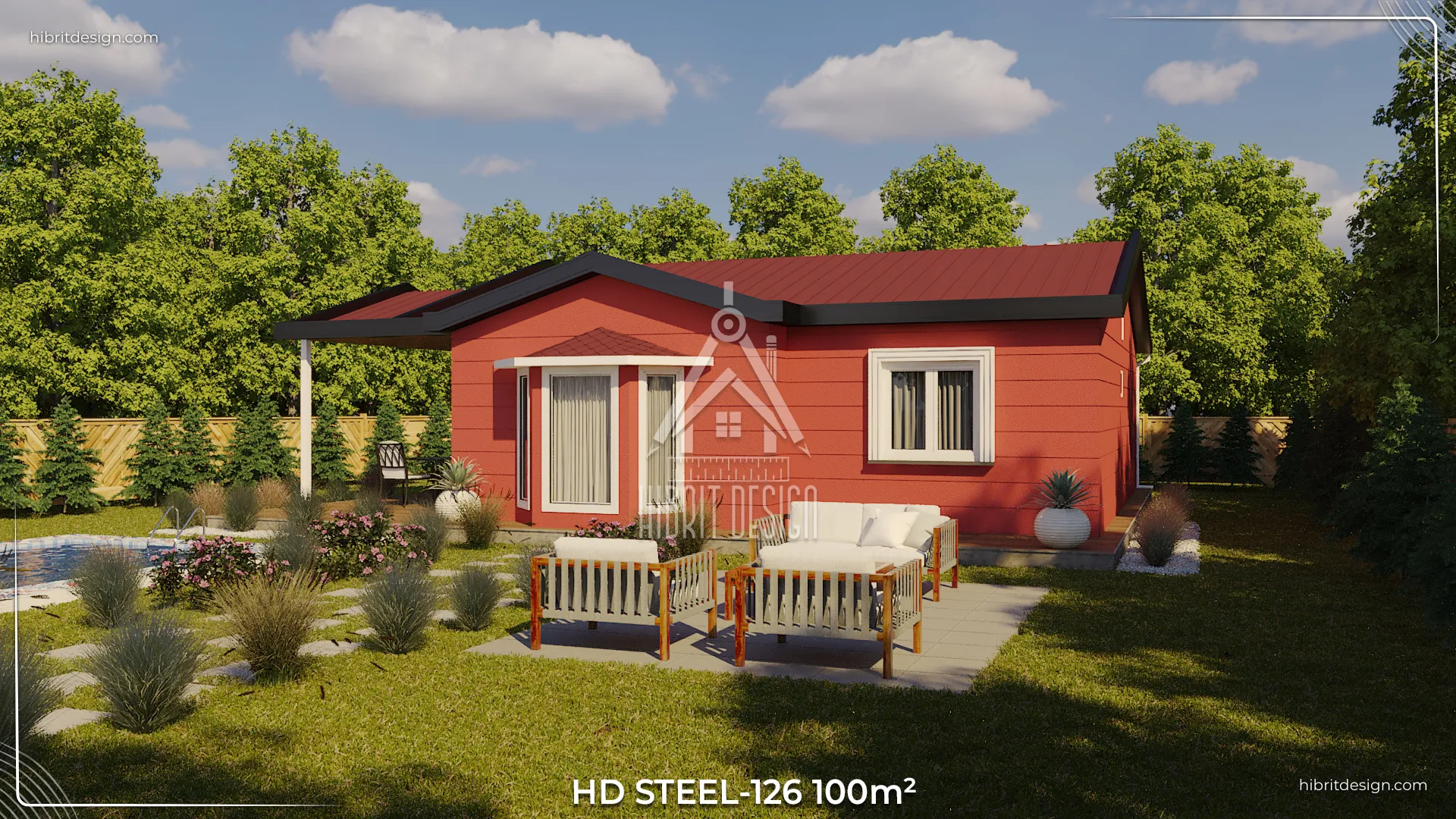 100 m² 3+1 kırmızı cepheli HDS-126 çelik evin geniş bahçeli ön görünümü.