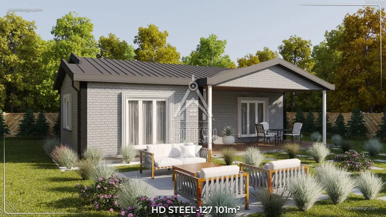 Geniş sol yan bahçe ve oturma grubu oturma alanıyla HD Steel 127 model 3+1 çelik evin yan cephe görünümü