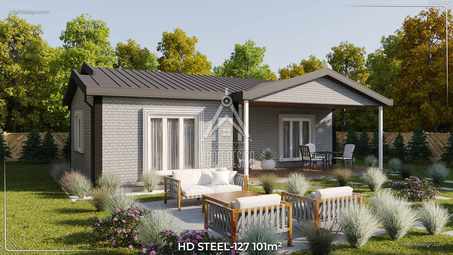 Geniş sol yan bahçe ve oturma grubu oturma alanıyla HD Steel 127 model 3+1 çelik evin yan cephe görünümü