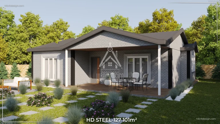 Geniş yan bahçe ve oturma alanıyla HD Steel 127 model 3+1 çelik evin yan cephe görünümü
