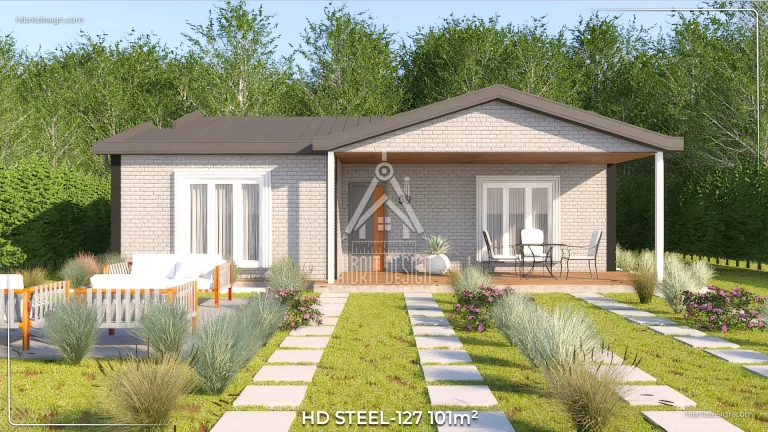 Geniş ön bahçeli, gri tonlu HD Steel 127 model 3+1 101 m² çelik evin önden görünümü