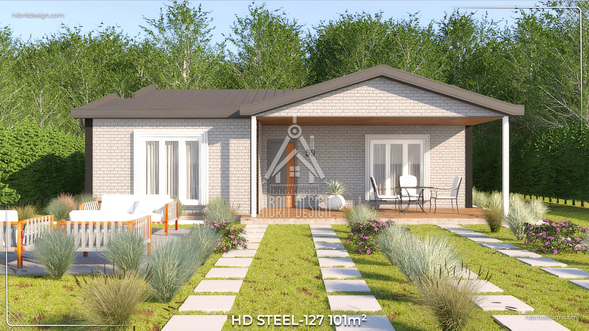 Geniş ön bahçeli, gri tonlu HD Steel 127 model 3+1 101 m² çelik evin önden görünümü