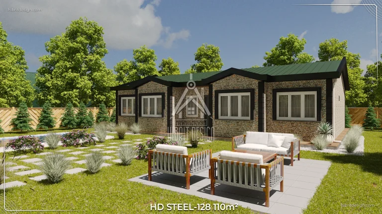 HDS-128 110 m² çelik ev, yan cephe bahçe oturma alanı ve modern peyzaj.