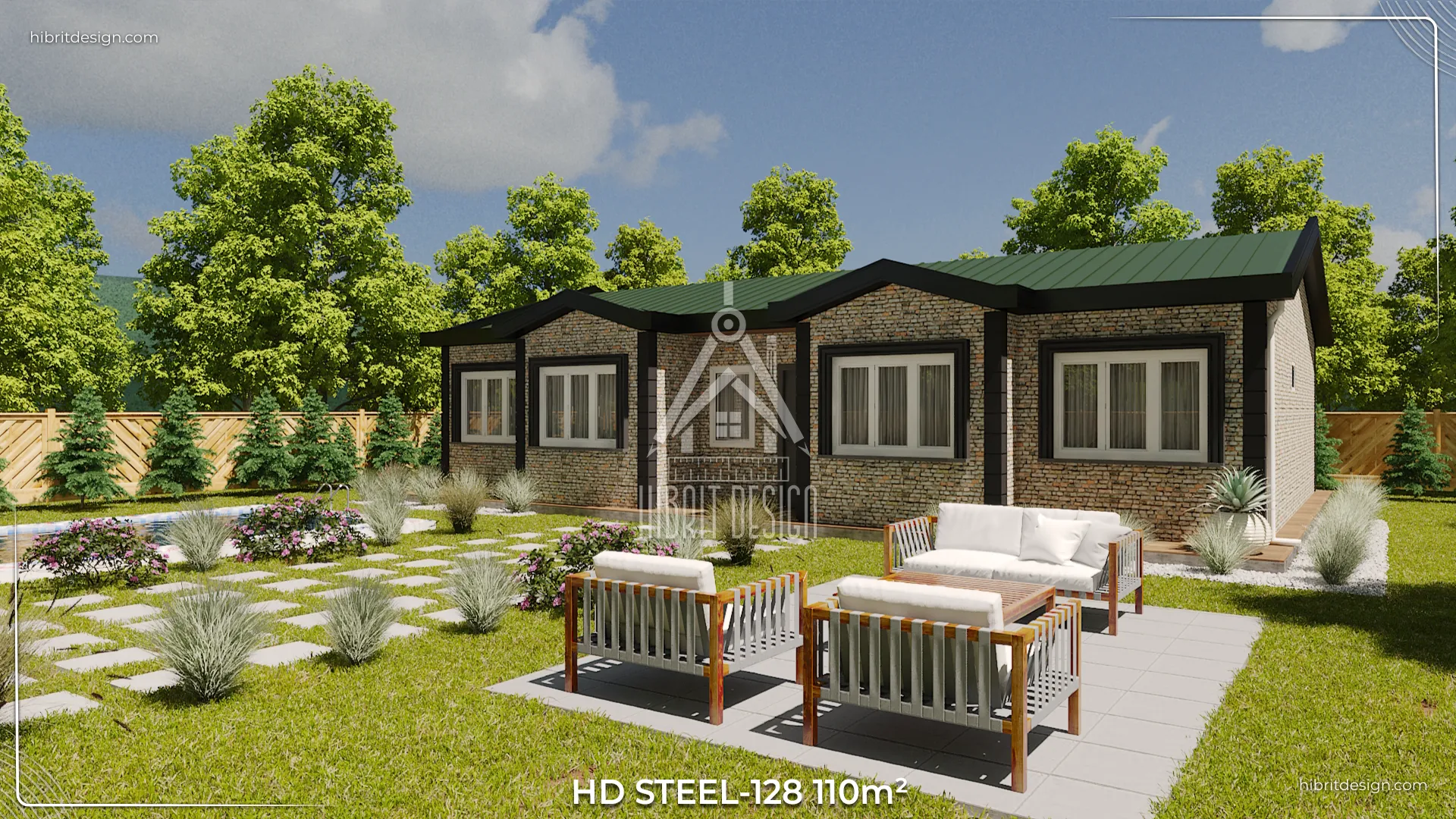 HDS-128 110 m² çelik ev, yan cephe bahçe oturma alanı ve modern peyzaj.