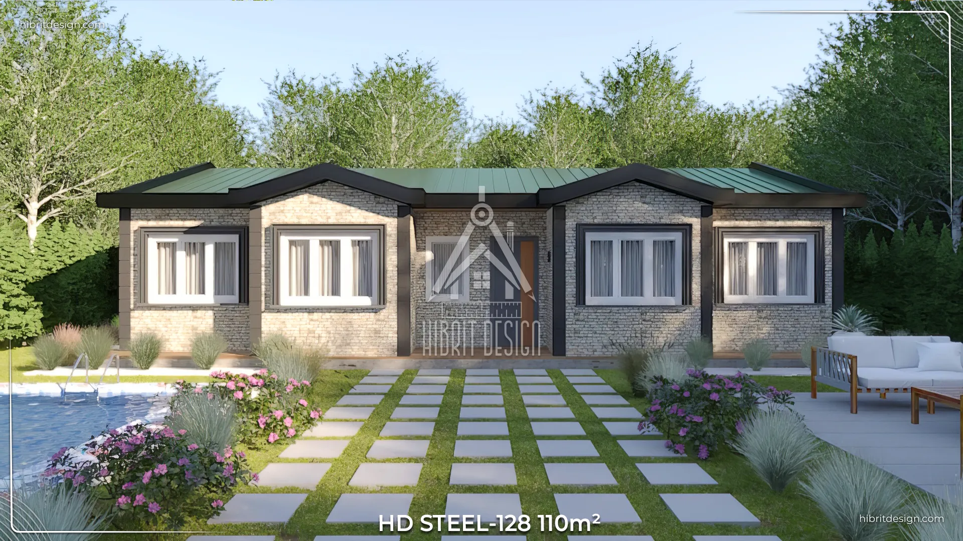 HDS-128 110 m² 3+1 tek katlı çelik ev, geniş ön bahçe ve dekoratif taş yürüyüş yolu.