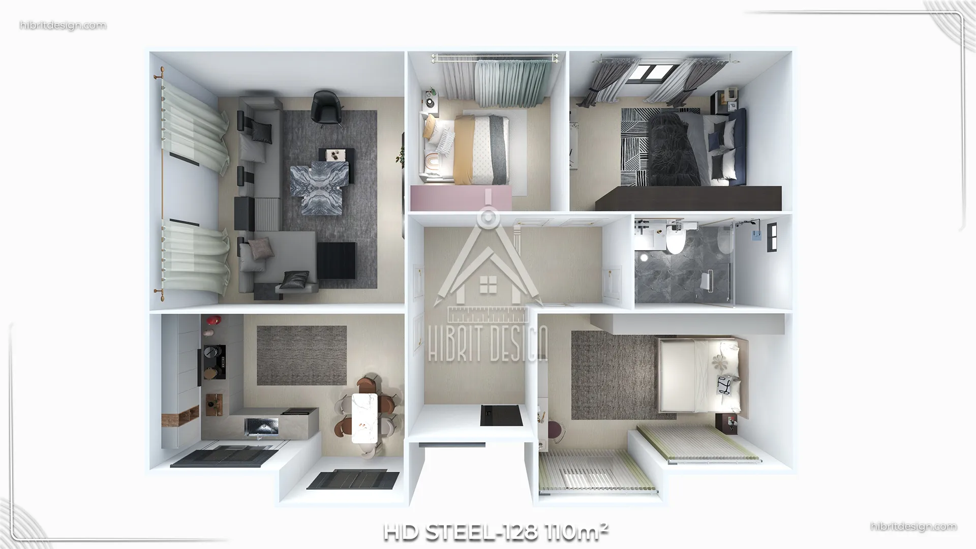HDS-128 110 m² 3+1 çelik ev, üstten görünüm iç plan yerleşimi.