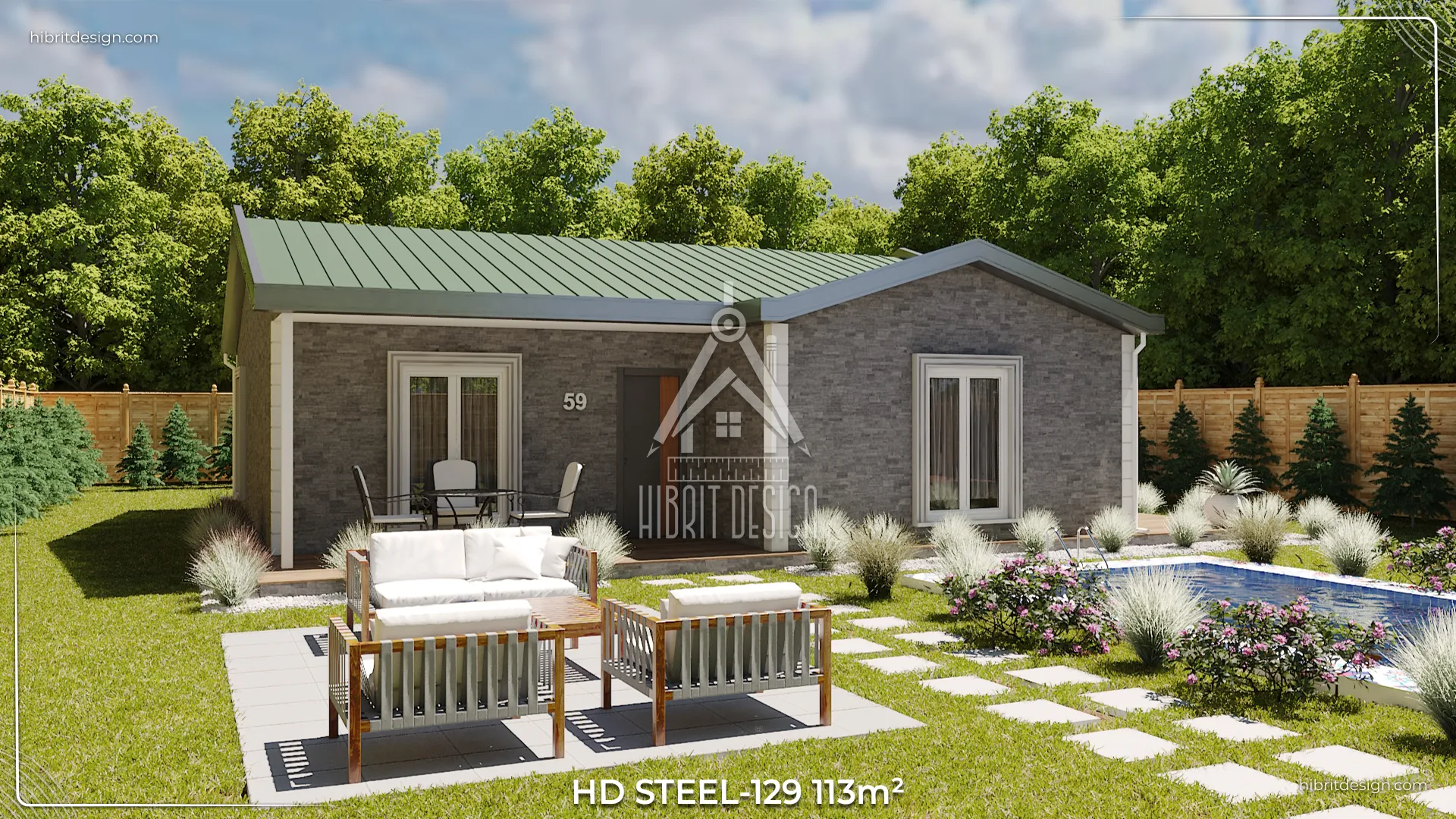 Doğal taş desenli dış cepheye sahip, 113 m² 3+1 HD Steel 129 çelik evin yan cephe ve bahçe oturma alanı