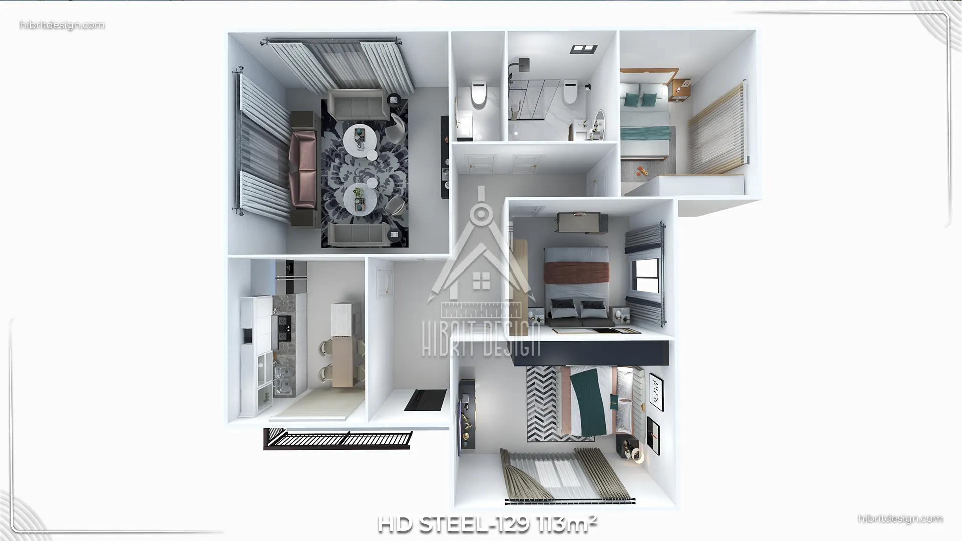 113 m² 3+1 HD Steel 129 çelik evin iç mekân yerleşimini gösteren üç boyutlu kat planı