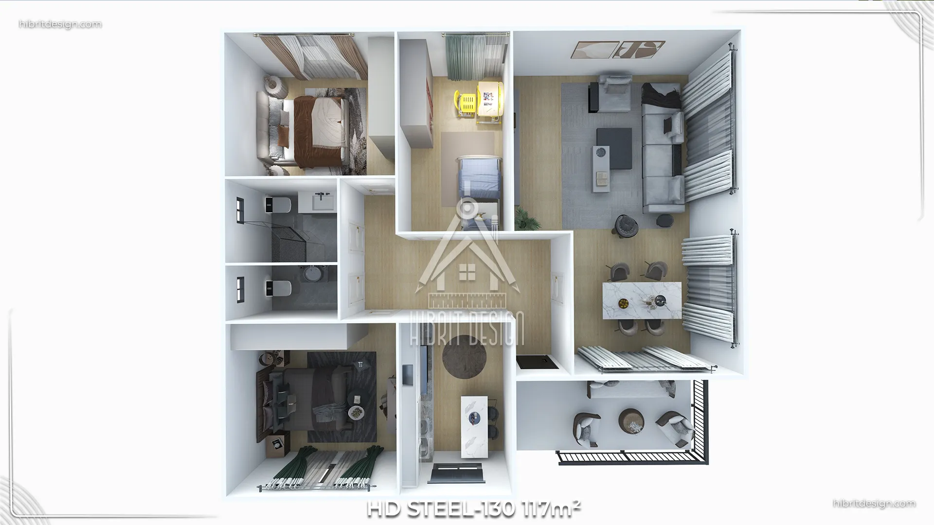 HD Steel 130 117 m² 3+1 çelik evin iç mekân düzenini gösteren 3D kat planı, açık salon ve üç odalı yerleşim