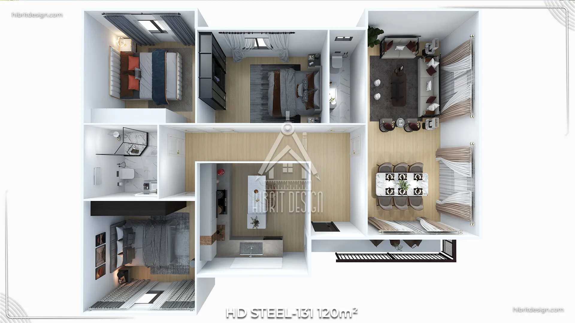 HD Steel 131 model 120 m² 3+1 çelik evin 3 boyutlu iç plan görseli, salon ve odaların düzeni