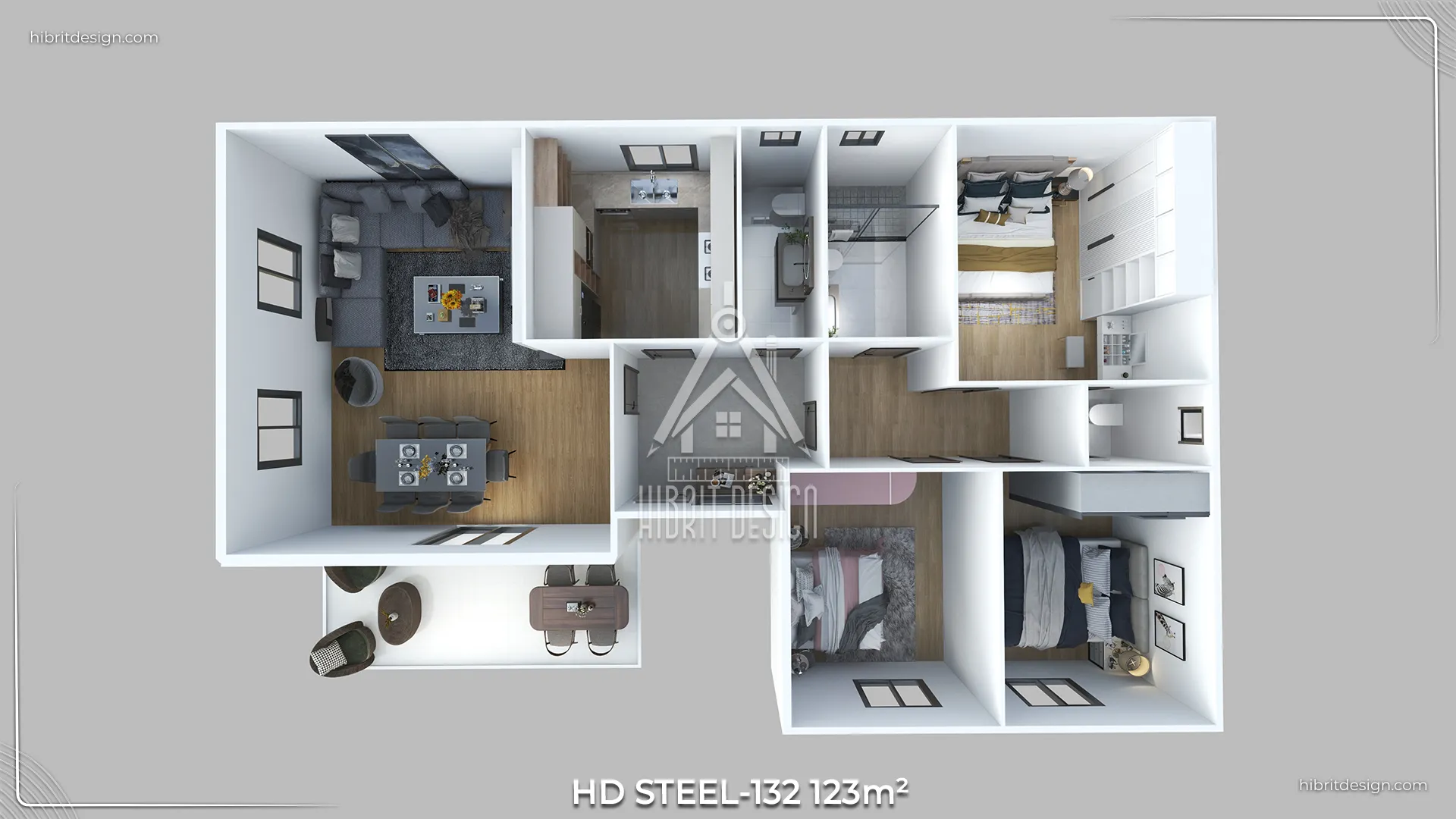 HD Steel 132 123 m² 3+1 çelik evin iç mekân dağılımını gösteren 2D kat planı