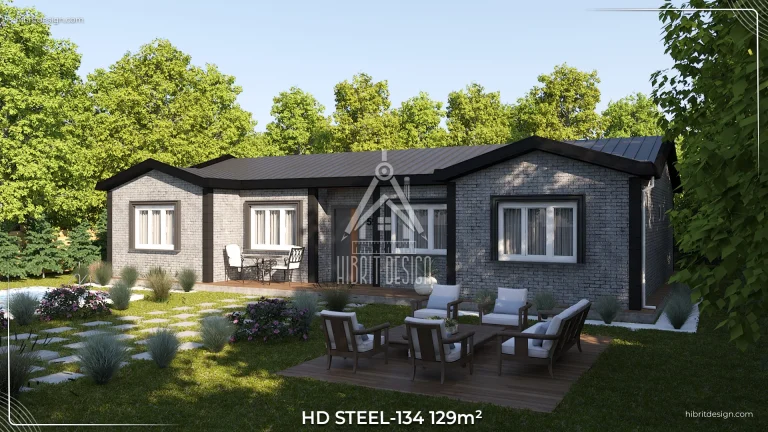 HD Steel 134 modeli, 129 m², 4+1 ve 3 banyolu çelik evin arka cephe ve bahçe mobilyalarıyla dekore edilmiş dış mekan görüntüsü.